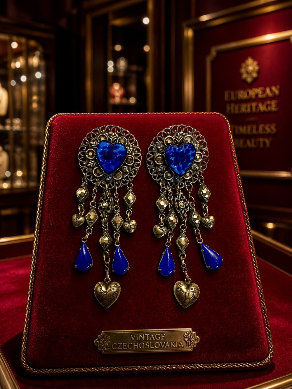 Vintage Czechoslovakia Blue Lapis Filigree Earrings
